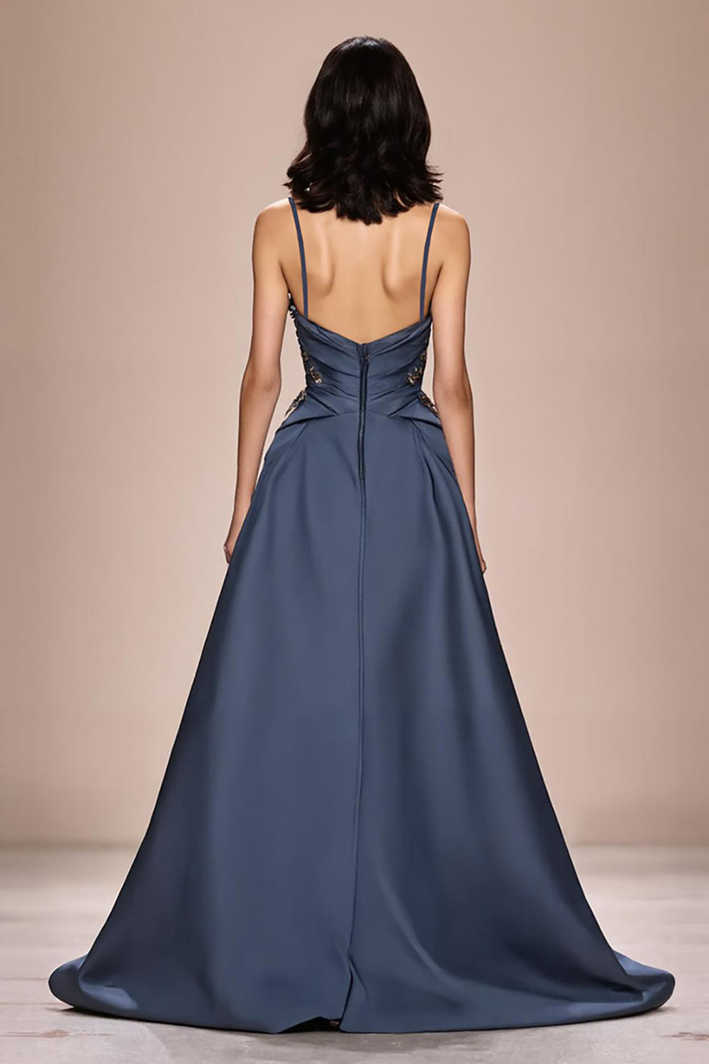 Grau Blau A-Linie Satin Spaghettiträger Langes Abendkleid mit Applikationen