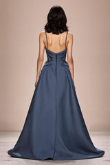 Grau Blau A-Linie Satin Spaghettiträger Langes Abendkleid mit Applikationen