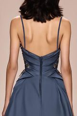 Grau Blau A-Linie Satin Spaghettiträger Langes Abendkleid mit Applikationen