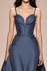 Grau Blau A-Linie Satin Spaghettiträger Langes Abendkleid mit Applikationen