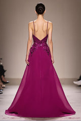 Pflaume Appliziertes Abendkleid in A-Linie mit Spaghettiträgern