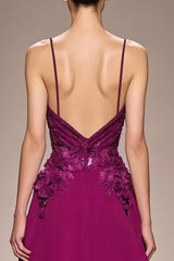Pflaume Appliziertes Abendkleid in A-Linie mit Spaghettiträgern