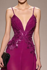 Pflaume Appliziertes Abendkleid in A-Linie mit Spaghettiträgern