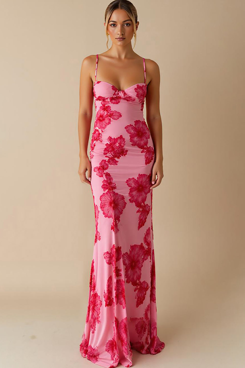 Chiffon Bedruckt Hellrosa Spaghettiträger Etui Langes Abendkleid