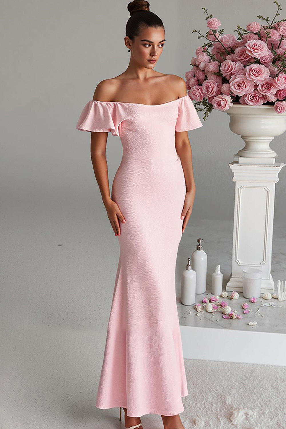 Hellrosa Schulterfreies Meerjungfrauen Satin Abendkleid