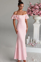 Hellrosa Schulterfreies Meerjungfrauen Satin Abendkleid