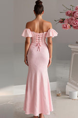 Hellrosa Schulterfreies Meerjungfrauen Satin Abendkleid