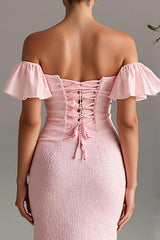 Hellrosa Schulterfreies Meerjungfrauen Satin Abendkleid