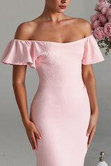 Hellrosa Schulterfreies Meerjungfrauen Satin Abendkleid