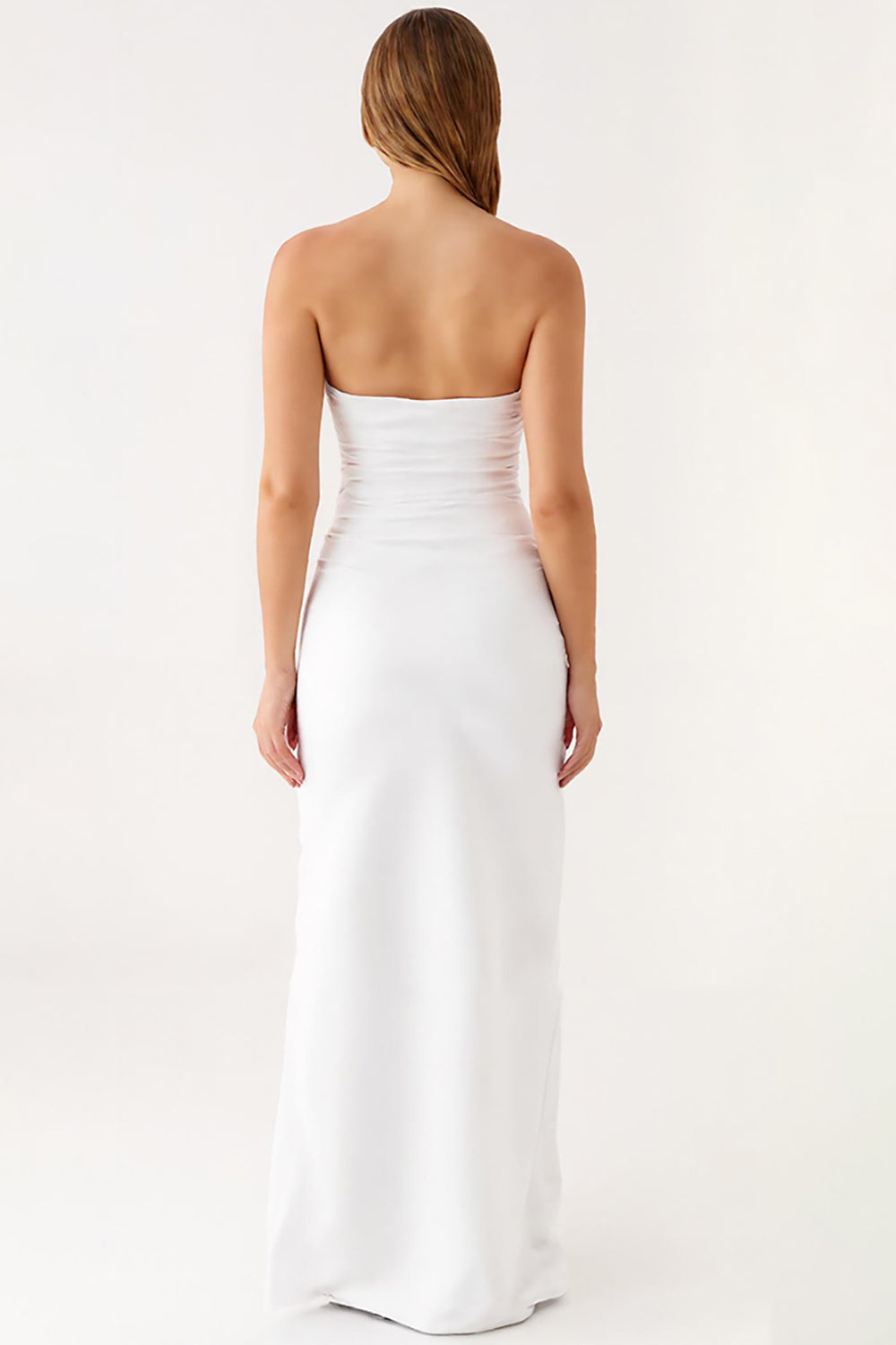 Elfenbein Trägerloses Schlichtes Standesamtkleid aus Satin mit Rüschen
