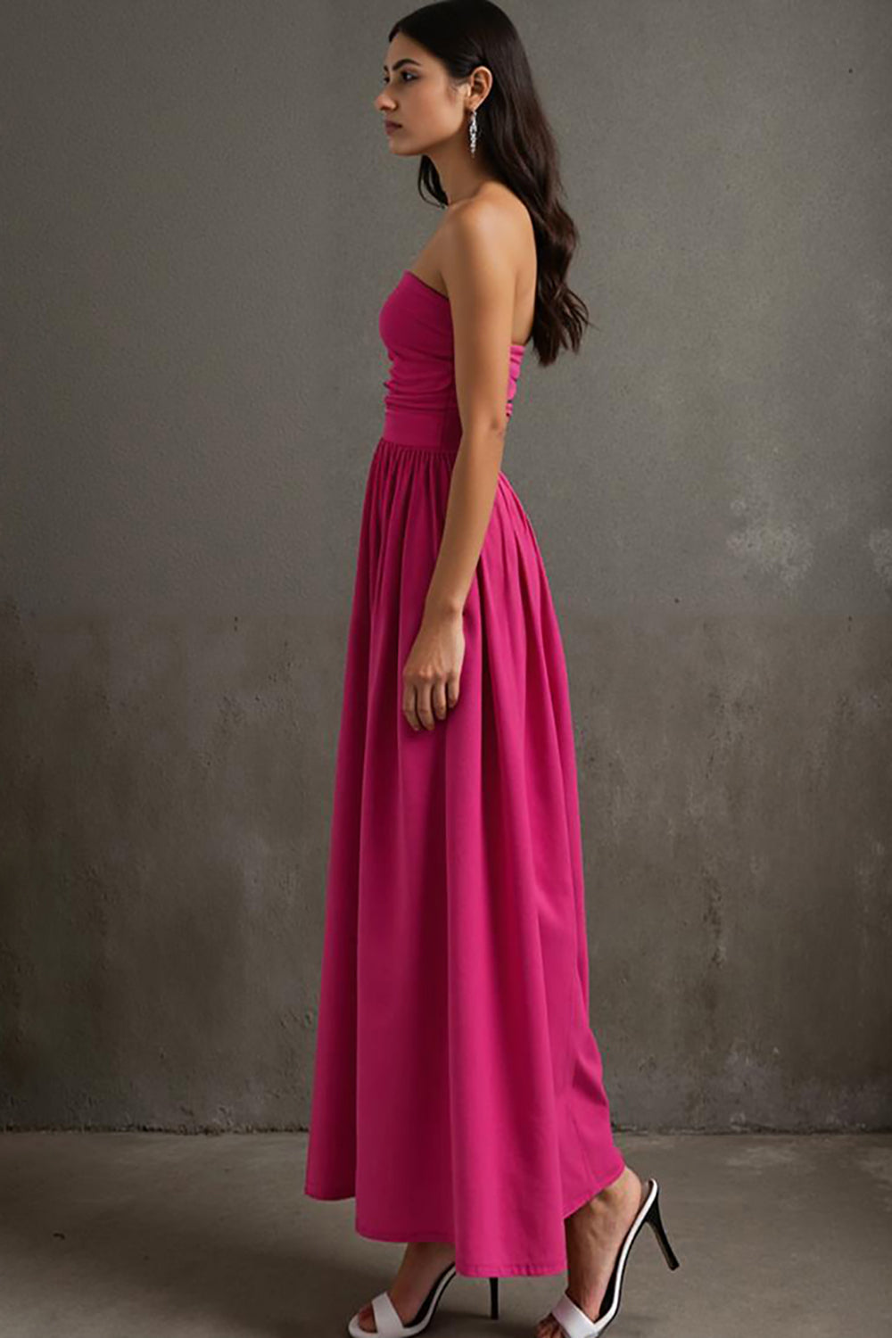 Fuchsia Trägerloses Abendkleid in A-Linie mit Rüschen