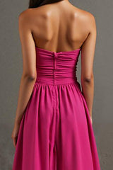 Fuchsia Trägerloses Abendkleid in A-Linie mit Rüschen