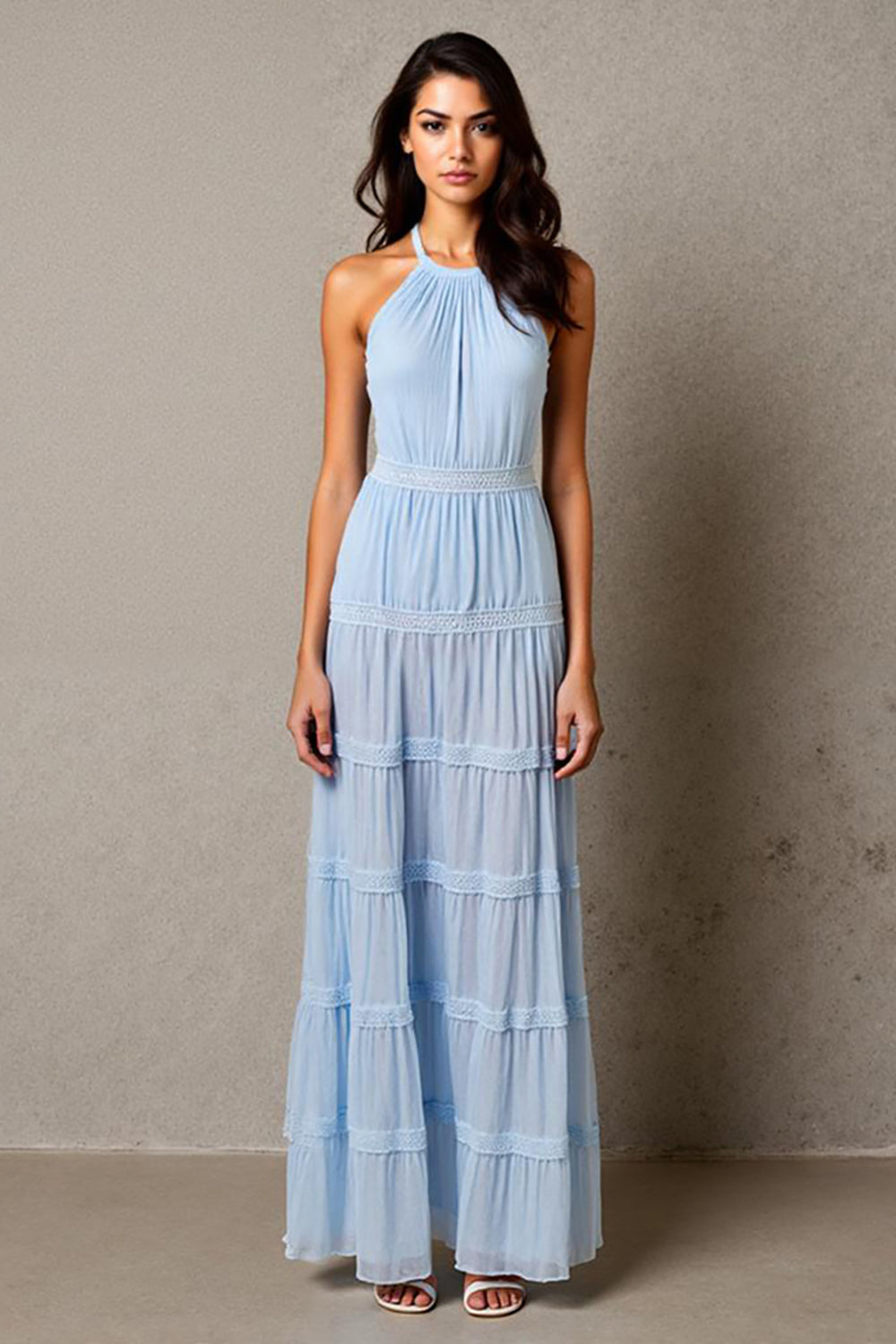 Neckholder A Linie Himmelblaues Abendkleid mit Rüschen