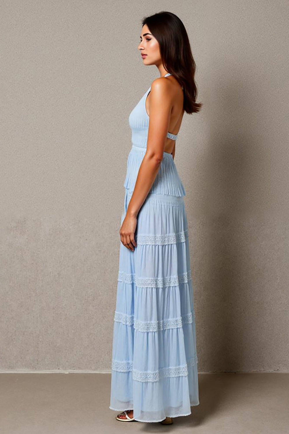 Neckholder A Linie Himmelblaues Abendkleid mit Rüschen