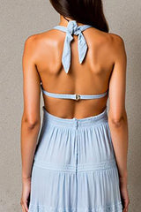 Neckholder A Linie Himmelblaues Abendkleid mit Rüschen