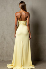 Hellgelb Chiffon Hoch Niedrig Gerafftes Trägerloses Abendkleid