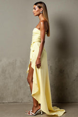 Hellgelb Chiffon Hoch Niedrig Gerafftes Trägerloses Abendkleid