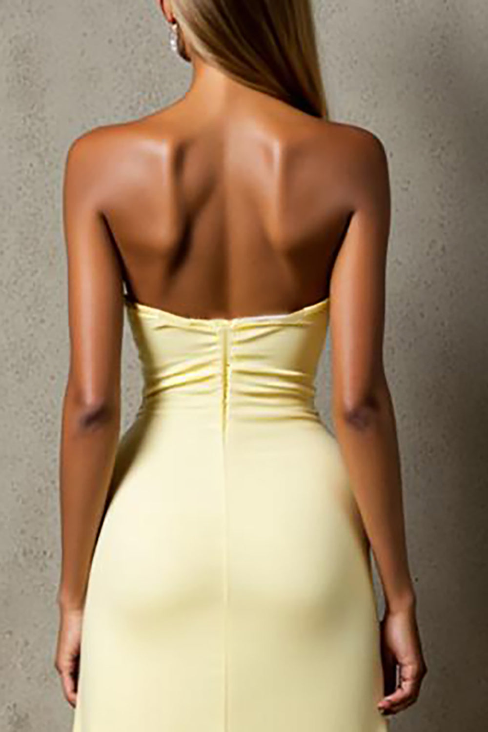 Hellgelb Chiffon Hoch Niedrig Gerafftes Trägerloses Abendkleid