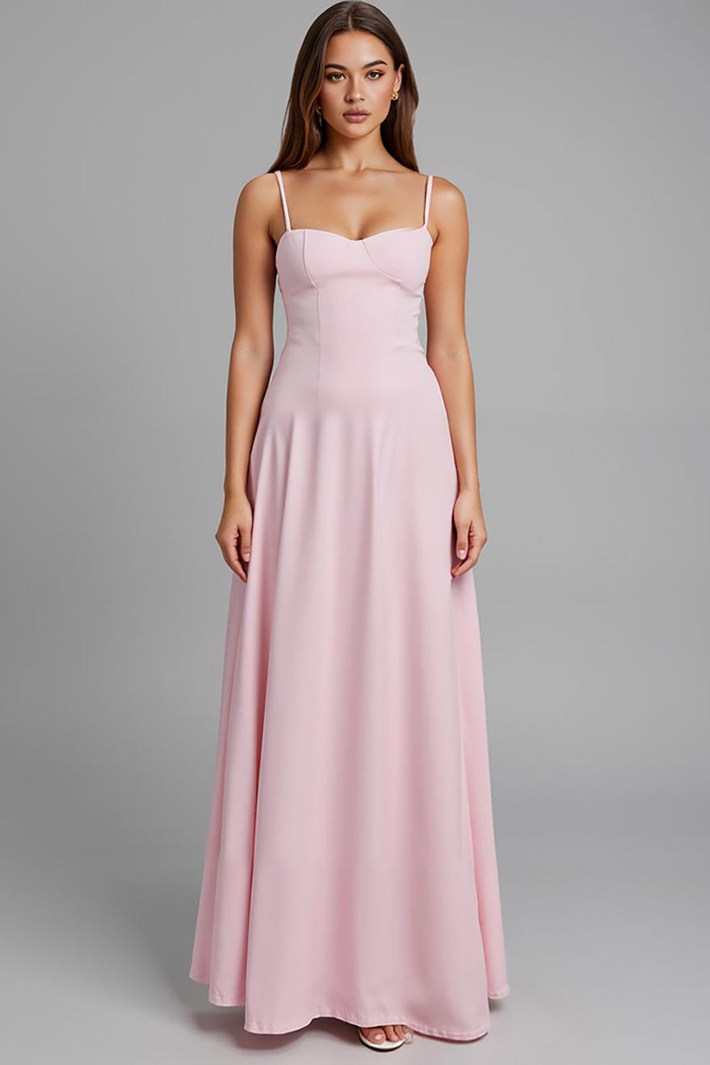 Einfaches Hellrosa A-Linie Spaghettiträger Langes Abendkleid