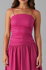 Fuchsia Spaghettiträger A Linie Abendkleid aus Baumwolle