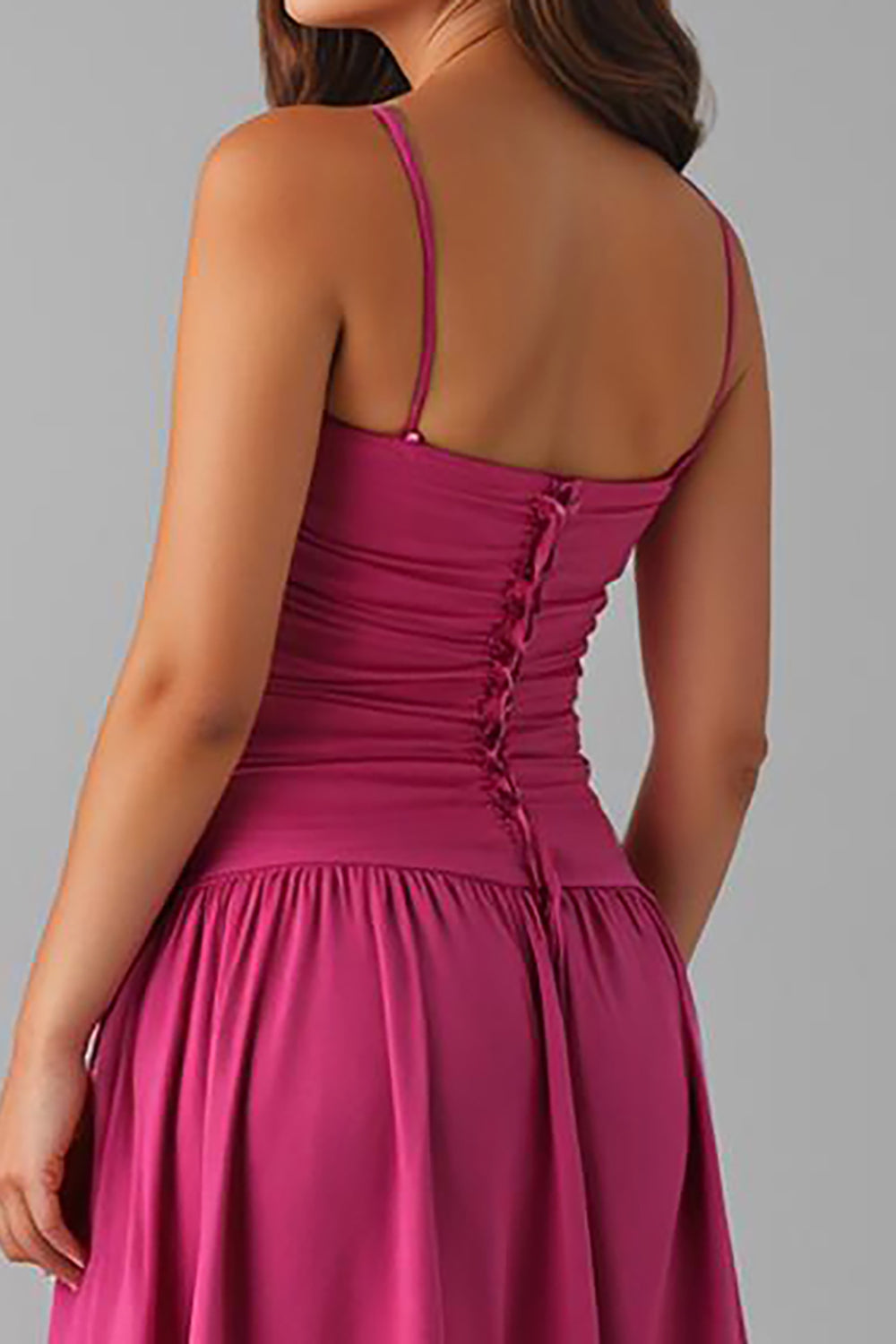 Fuchsia Spaghettiträger A Linie Abendkleid aus Baumwolle