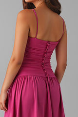 Fuchsia Spaghettiträger A Linie Abendkleid aus Baumwolle