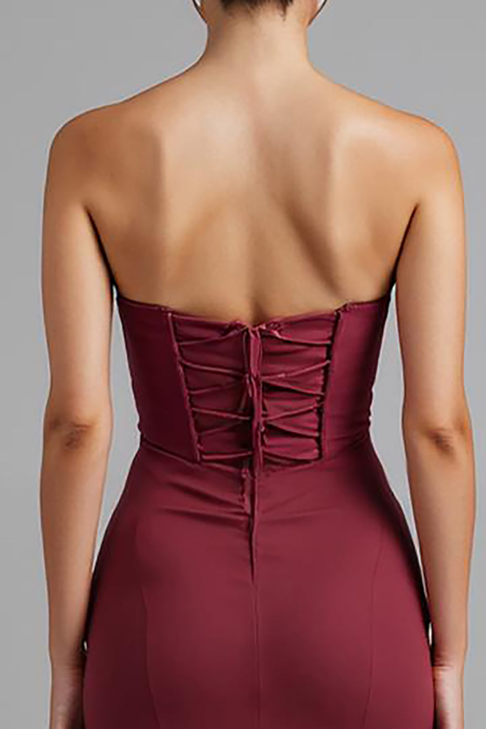 Dunkelrotes Trägerloses Chiffon Meerjungfrauen Abendkleid in Hoch Niedrig