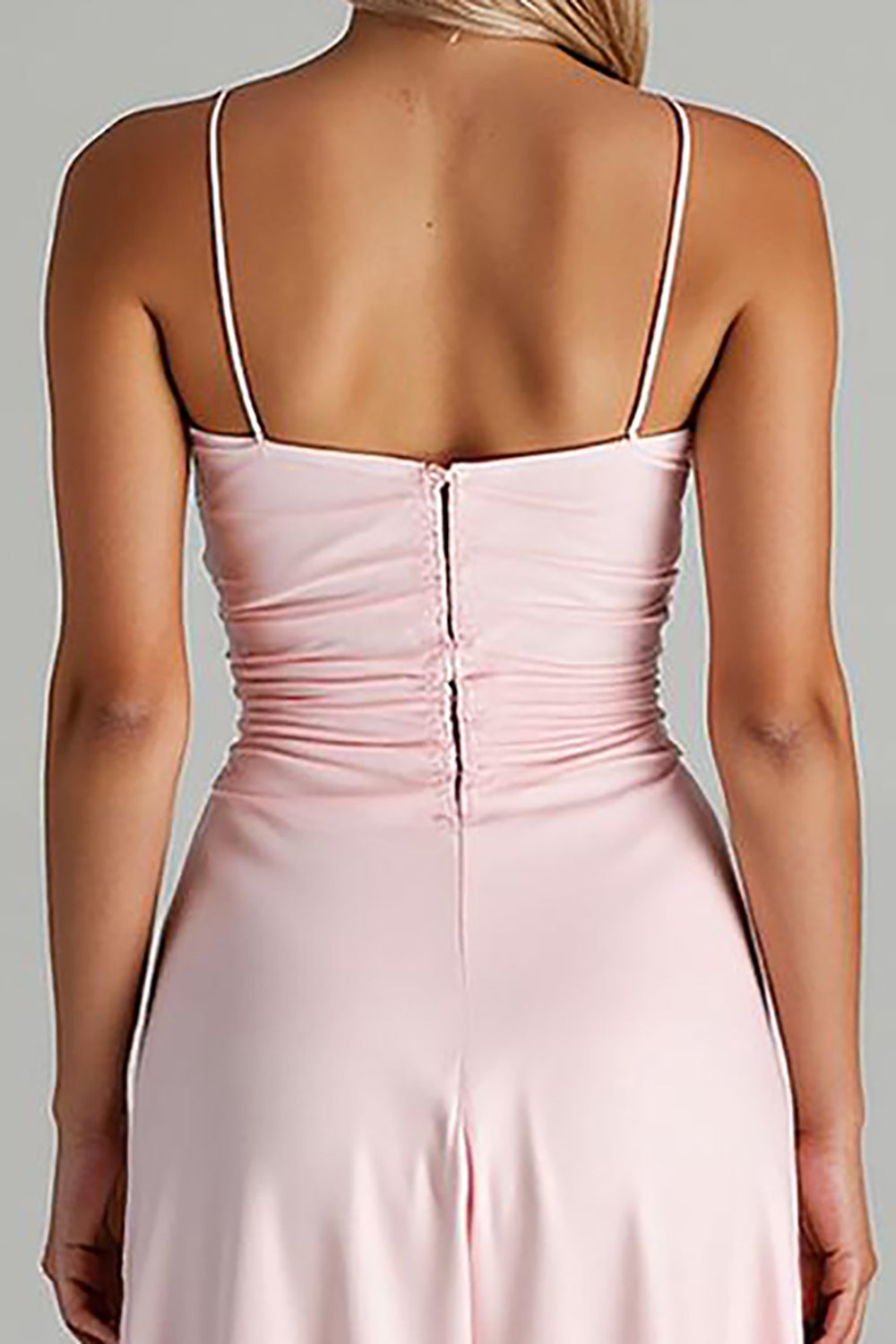 Gerüschte Hoch Niedrig Spaghettiträger Hellrosa Abendkleid aus Chiffon