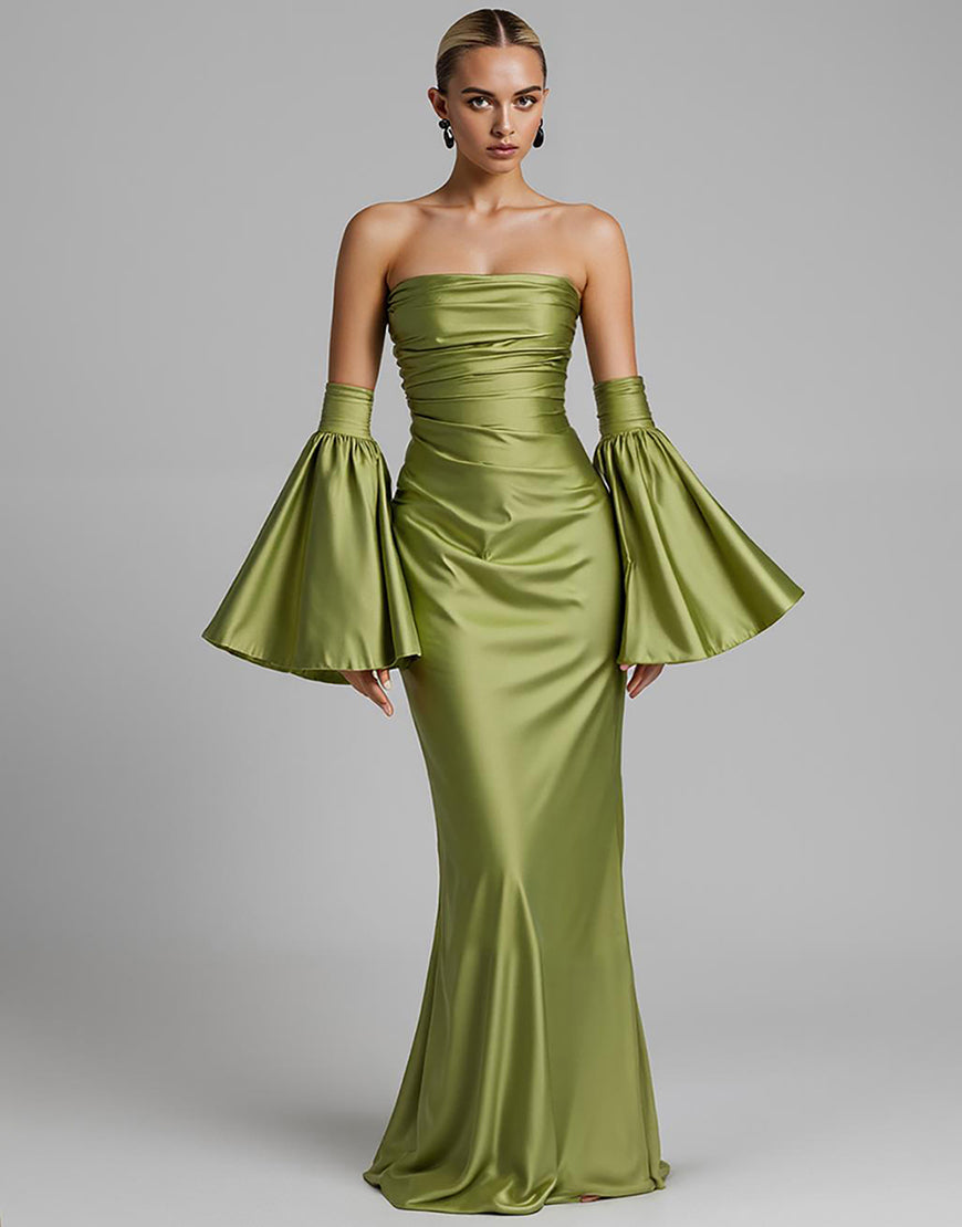Türkis Trägerloses Meerjungfrauen Abendkleid mit Puffärmeln und Rüschen