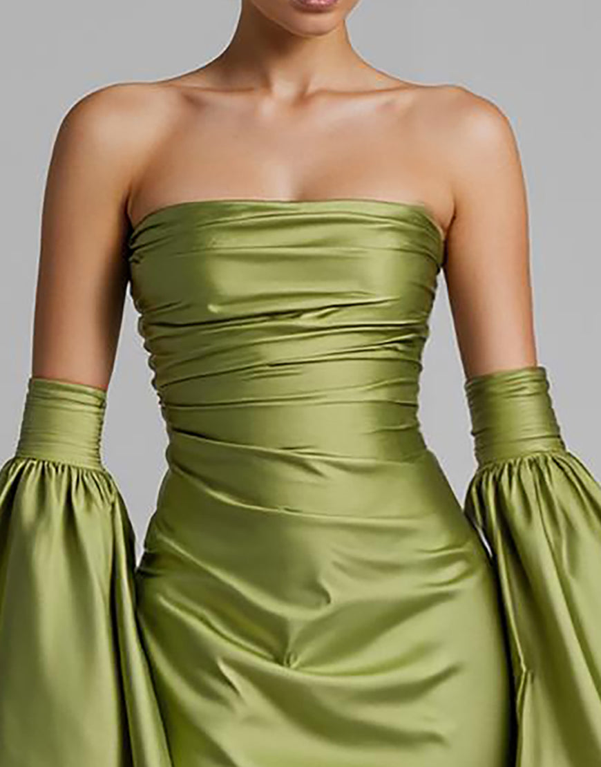 Türkis Trägerloses Meerjungfrauen Abendkleid mit Puffärmeln und Rüschen