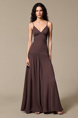 Kaffee Chiffon A-Linie Spaghettiträger Langes Abendkleid