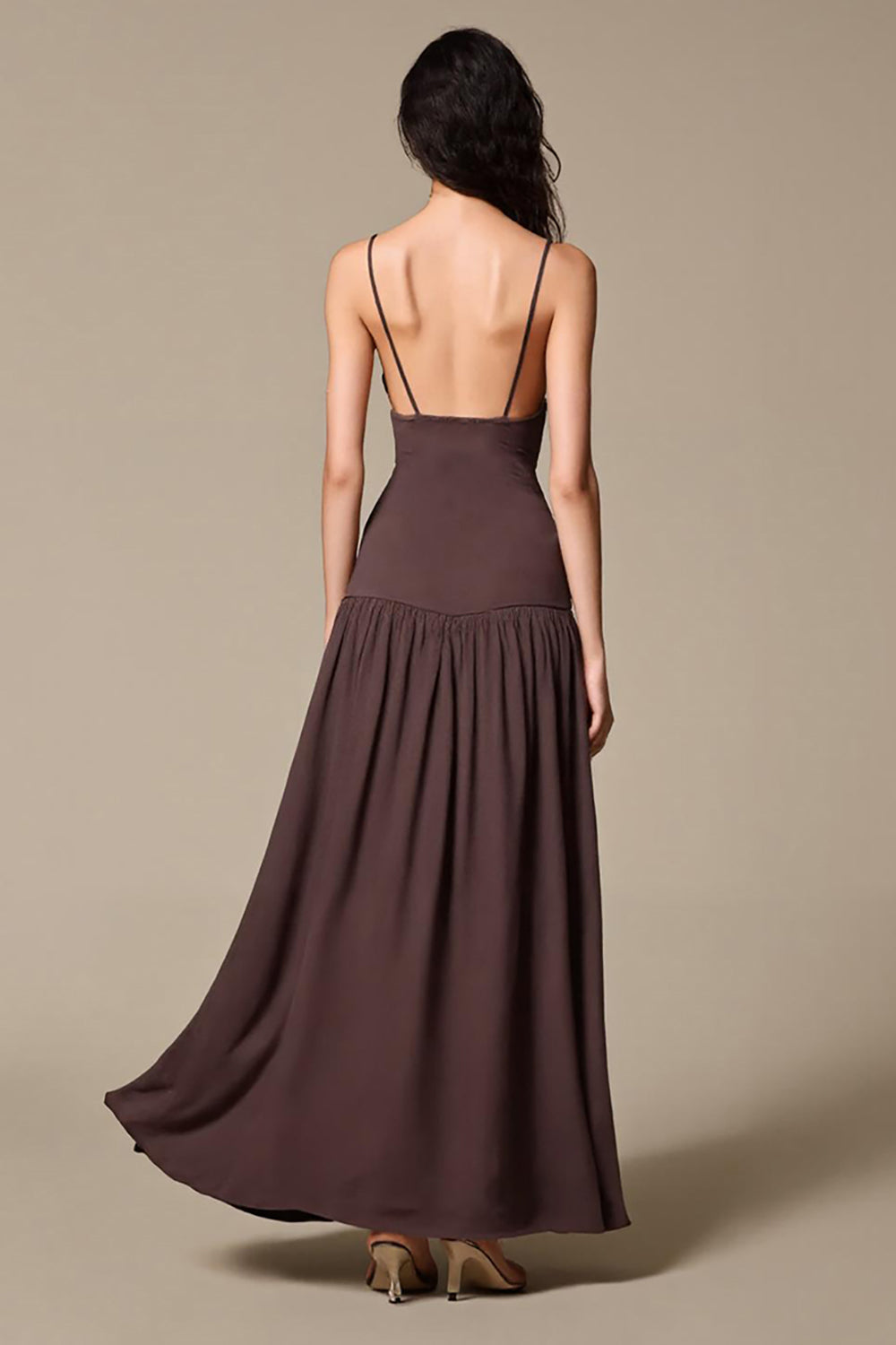 Kaffee Chiffon A-Linie Spaghettiträger Langes Abendkleid