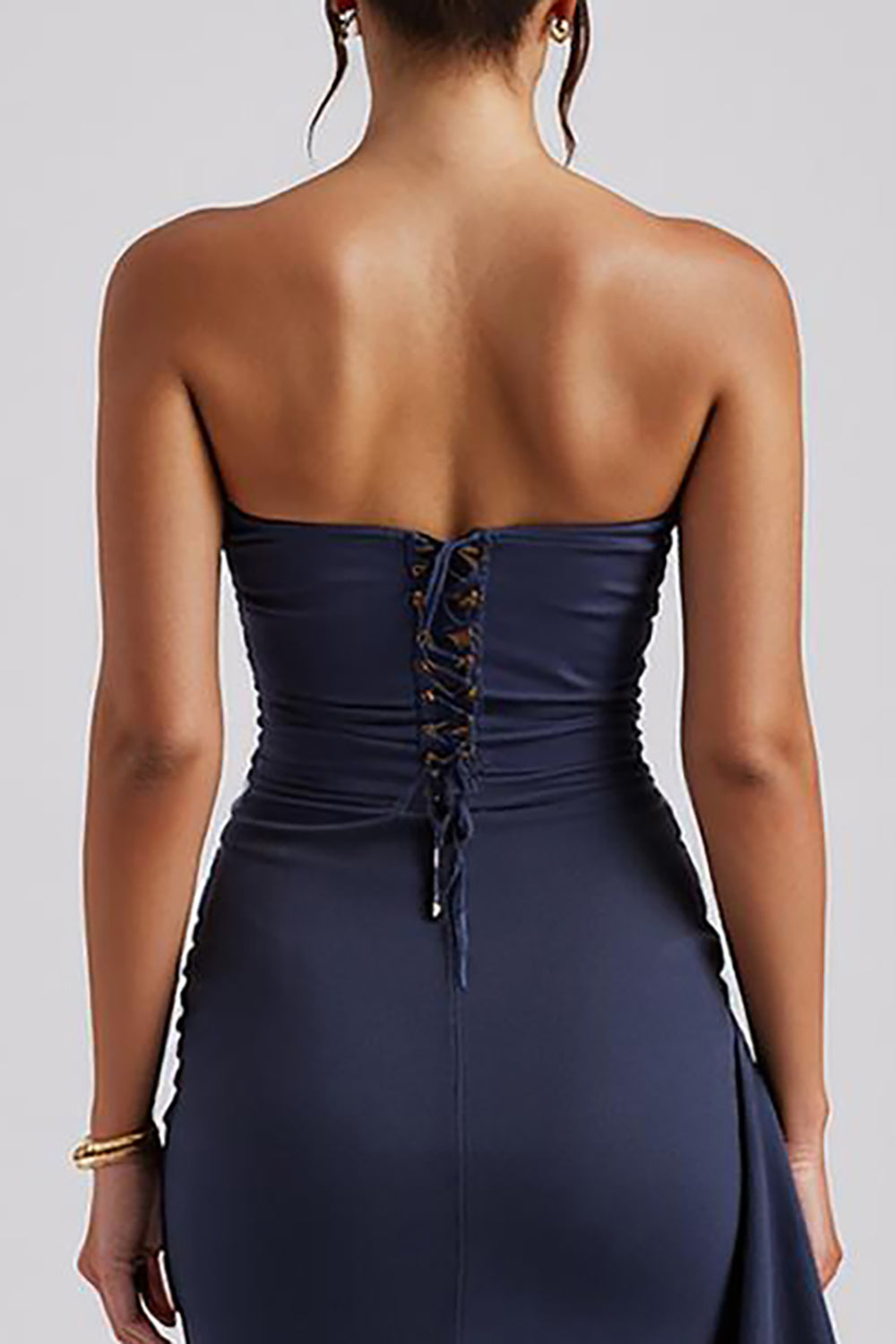Einfaches Trägerloses Etui Abendkleid in Dunkelblau mit Schlitz