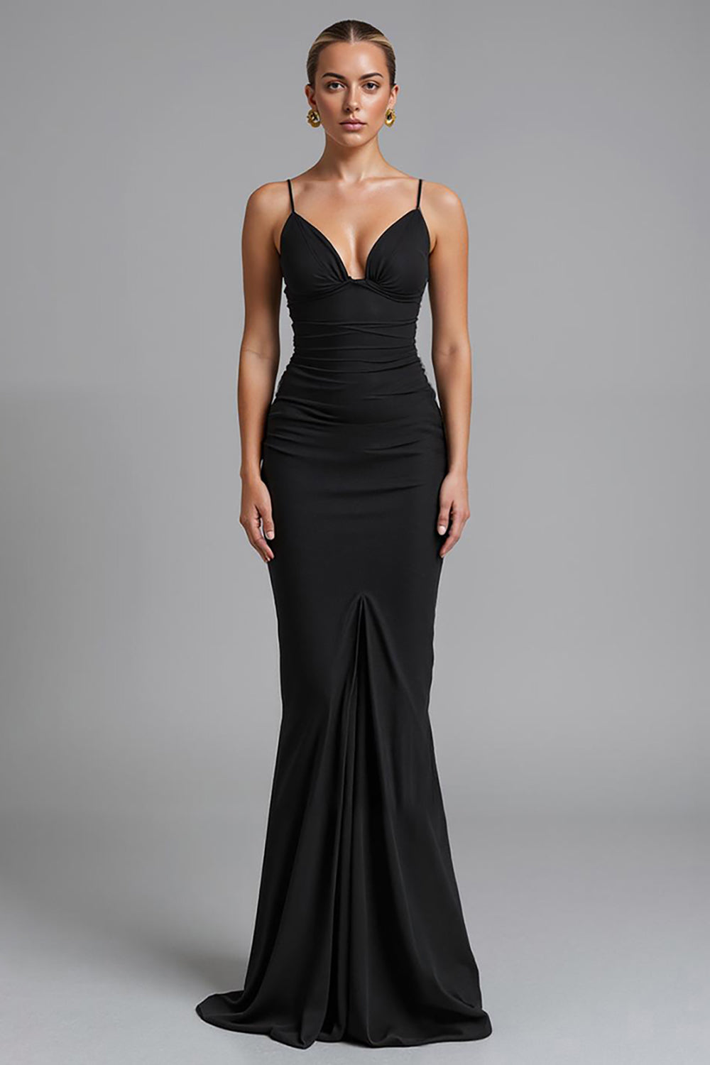Spaghettiträger Schwarzes Strecth Satin Meerjungfrau Abendkleid mit Rüschen