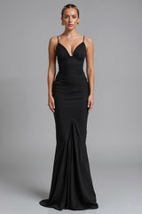 Spaghettiträger Schwarzes Strecth Satin Meerjungfrau Abendkleid mit Rüschen
