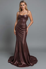 Kaffee Satin Gerafftes Meerjungfrau Spaghettiträger Langes Abendkleid