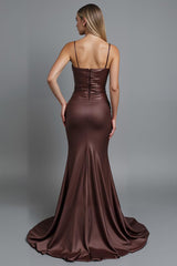 Kaffee Satin Gerafftes Meerjungfrau Spaghettiträger Langes Abendkleid