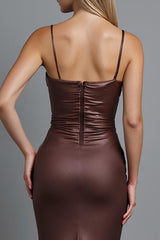 Kaffee Satin Gerafftes Meerjungfrau Spaghettiträger Langes Abendkleid