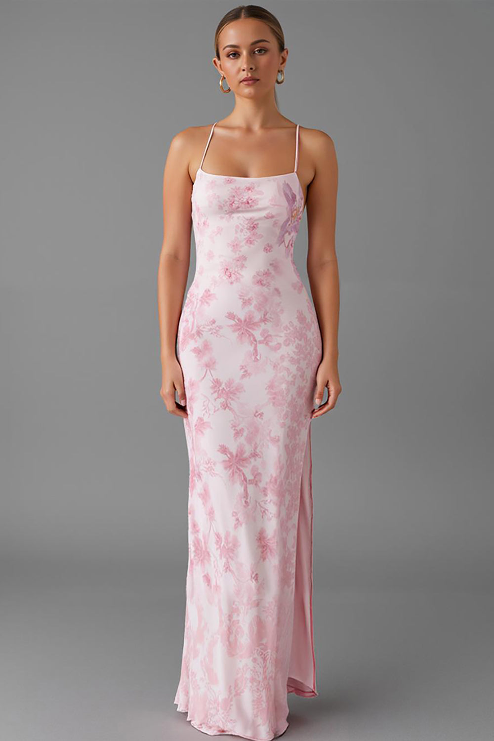 Hellrosa Etui Drucken Abendkleid mit Spaghettiträgern und Schlitz