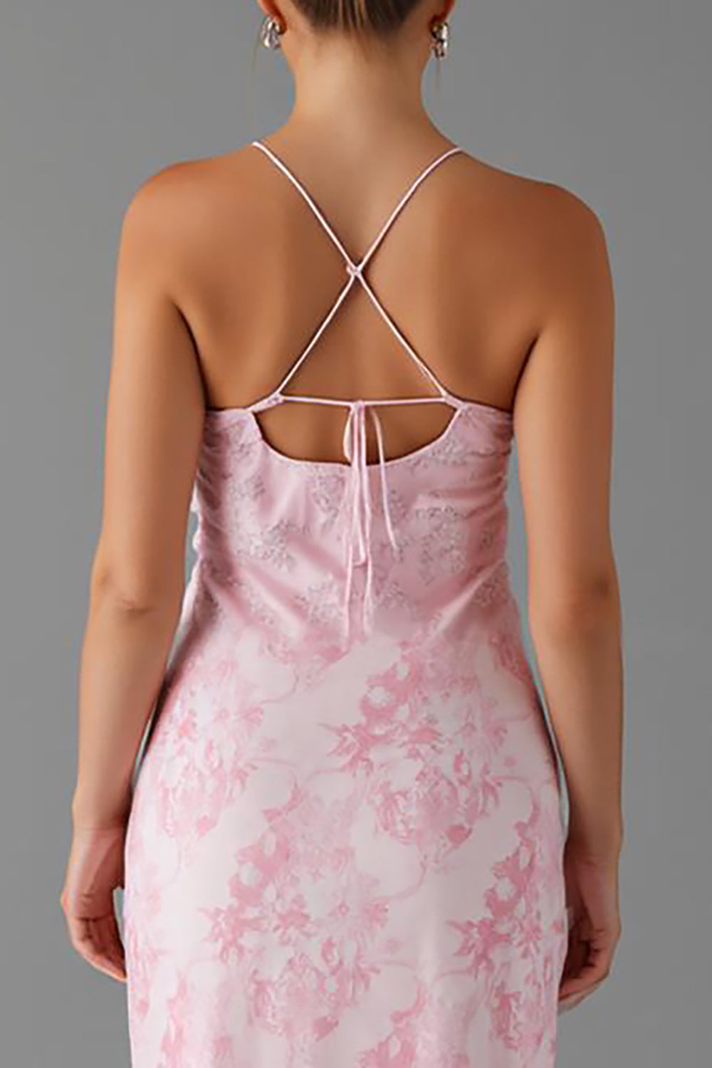 Hellrosa Etui Drucken Abendkleid mit Spaghettiträgern und Schlitz