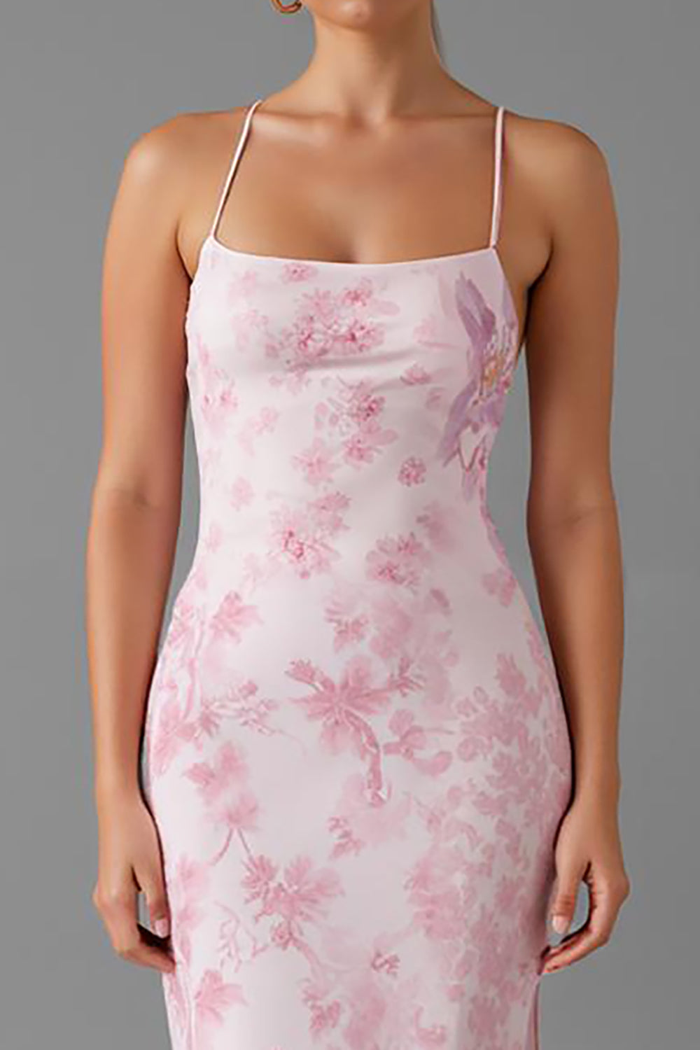 Hellrosa Etui Drucken Abendkleid mit Spaghettiträgern und Schlitz