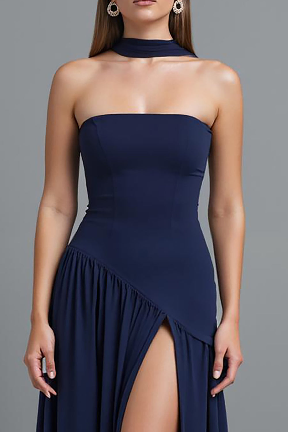 Dunkelblaues Trägerloses Abendkleid mit Schlitz
