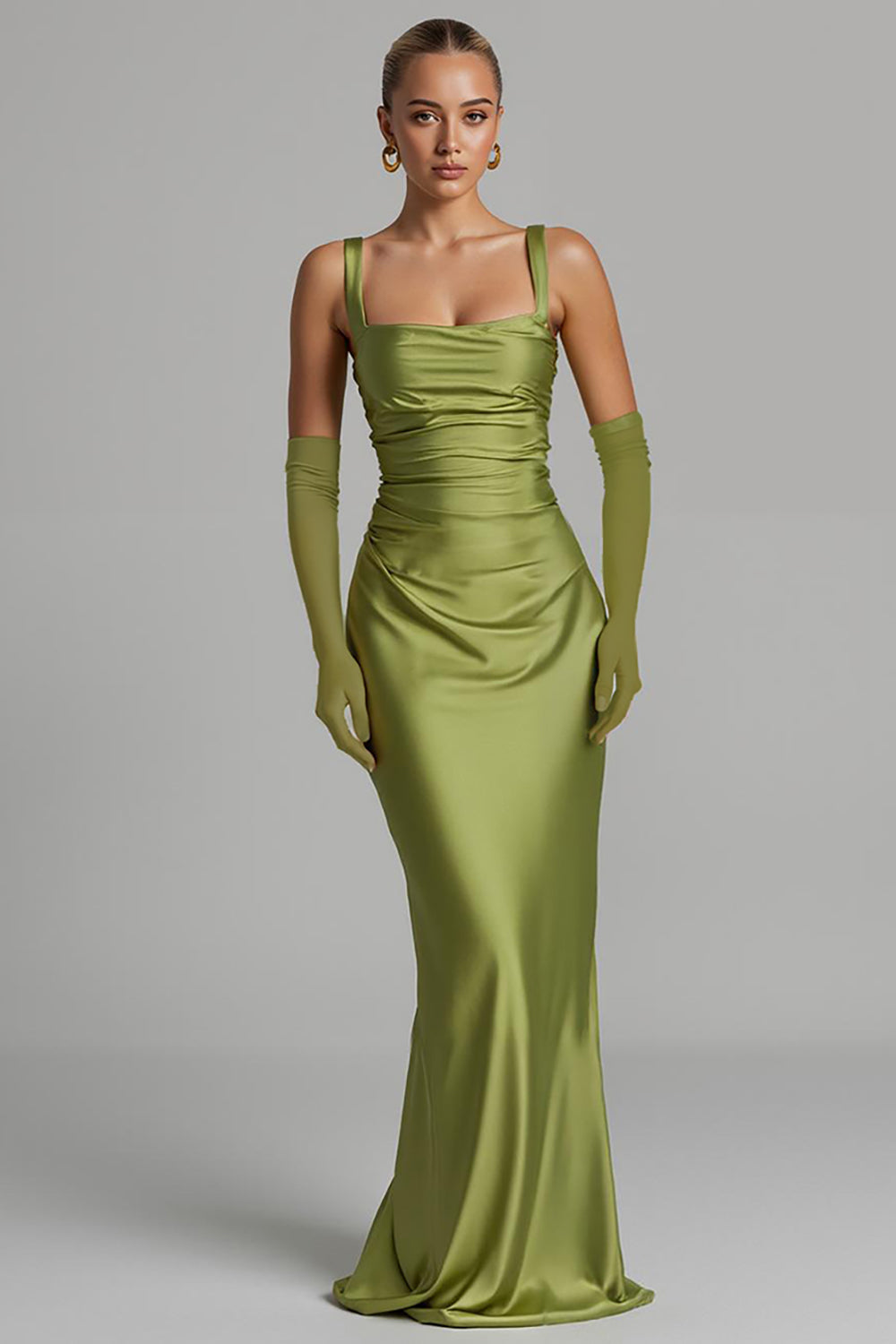 Meerjungfrau Salbeigrün Satin Abendkleid mit Rüschen