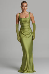 Meerjungfrau Salbeigrün Satin Abendkleid mit Rüschen