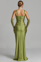 Meerjungfrau Salbeigrün Satin Abendkleid mit Rüschen