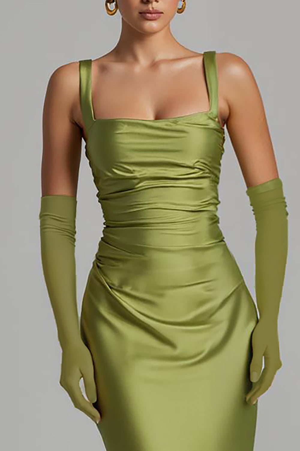 Meerjungfrau Salbeigrün Satin Abendkleid mit Rüschen