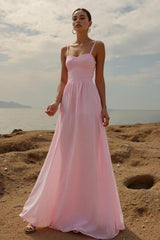 Rosa Maxi Abendkleid mit Spaghettiträgern in A-Linie