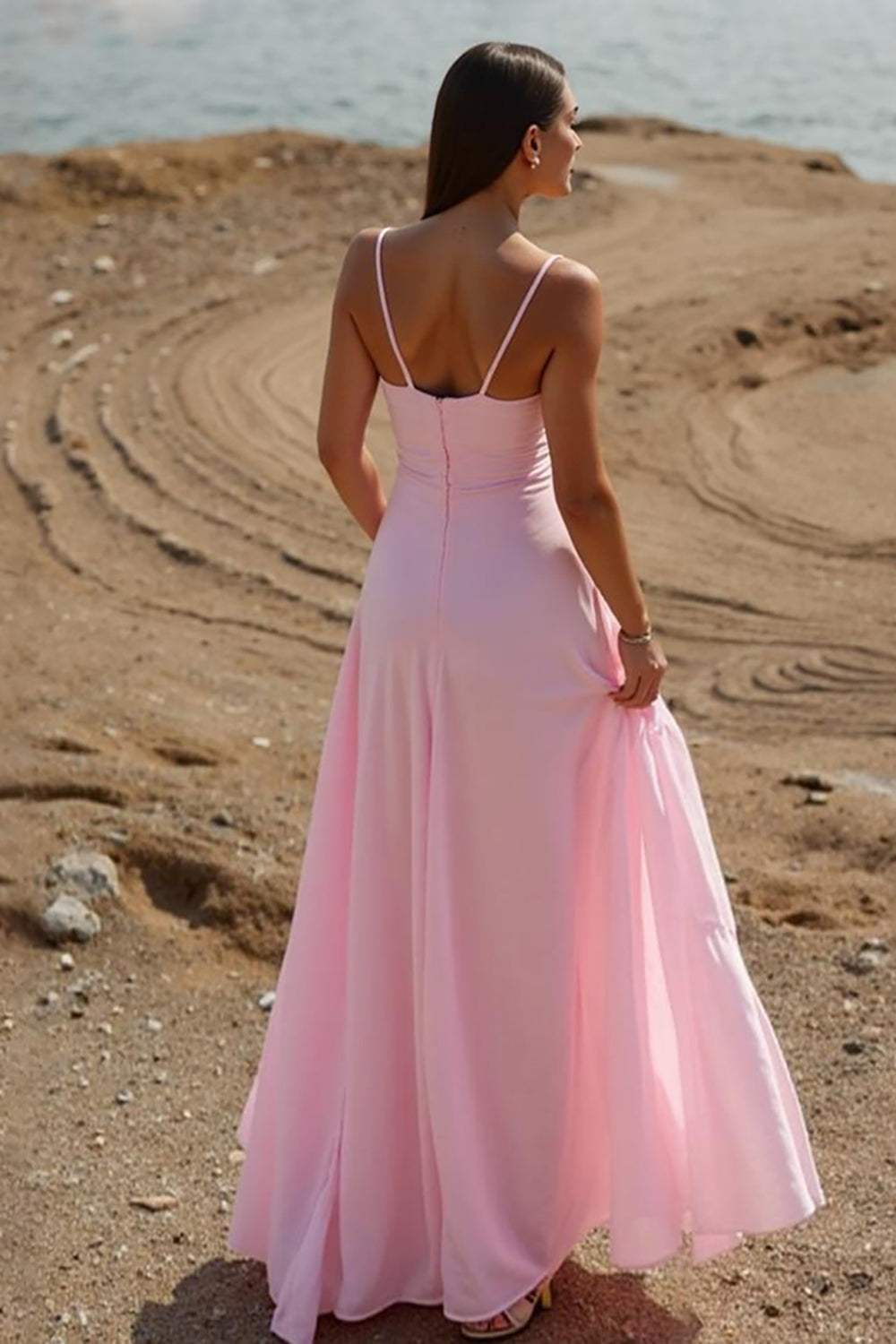 Rosa Maxi Abendkleid mit Spaghettiträgern in A-Linie