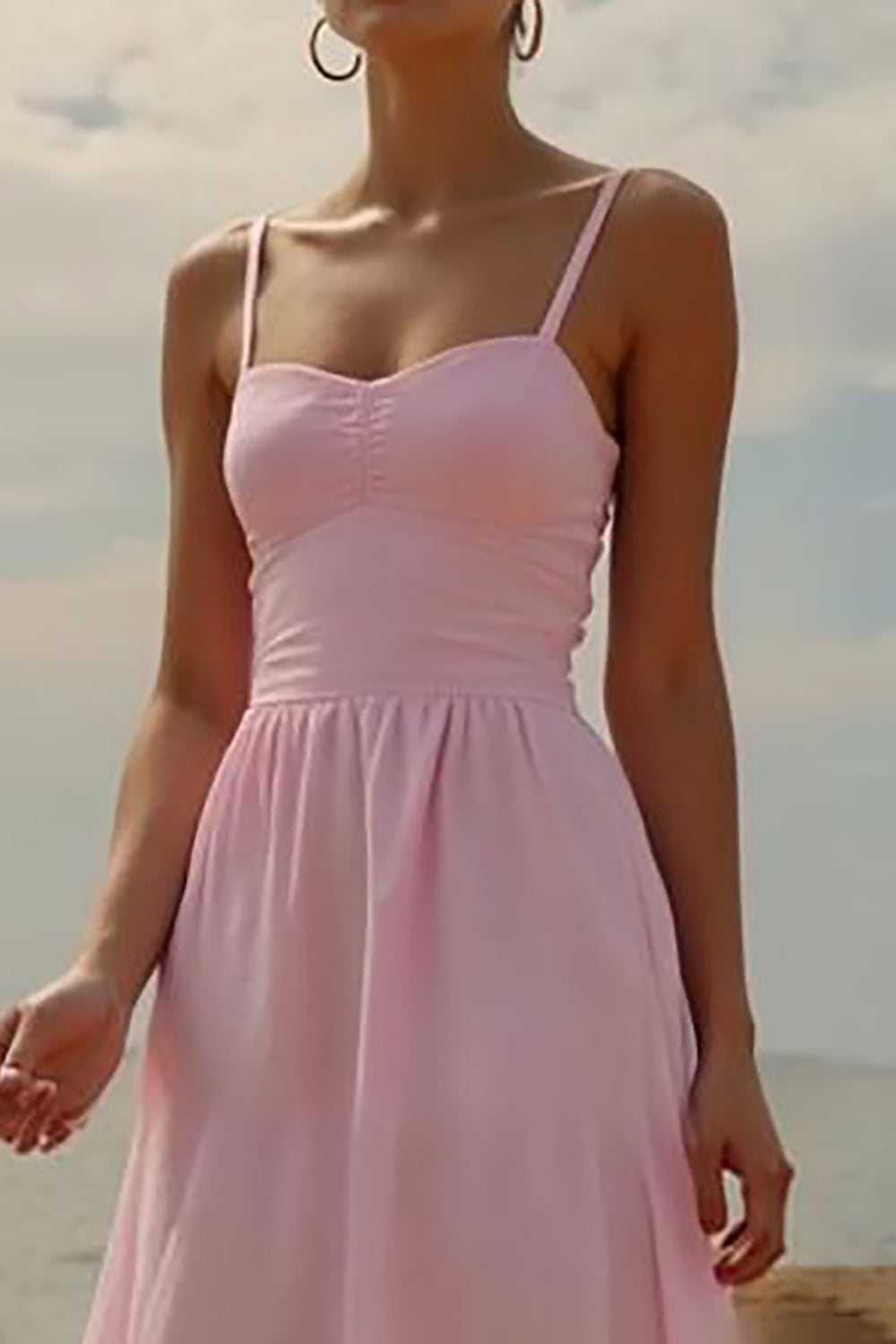 Rosa Maxi Abendkleid mit Spaghettiträgern in A-Linie