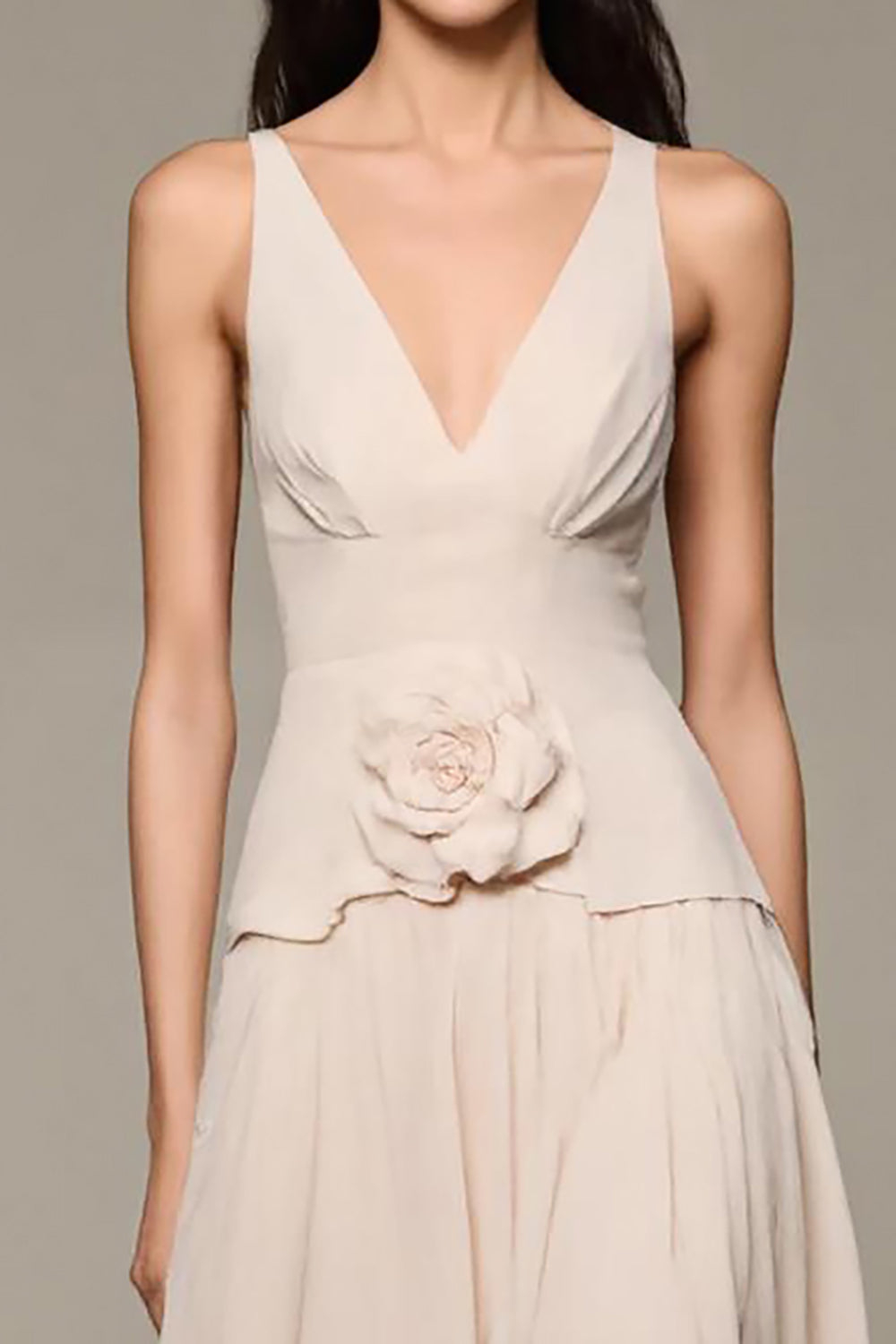 Aprikose A-Linie Langes Abendkleid mit V-Ausschnitt und 3D-Blumen